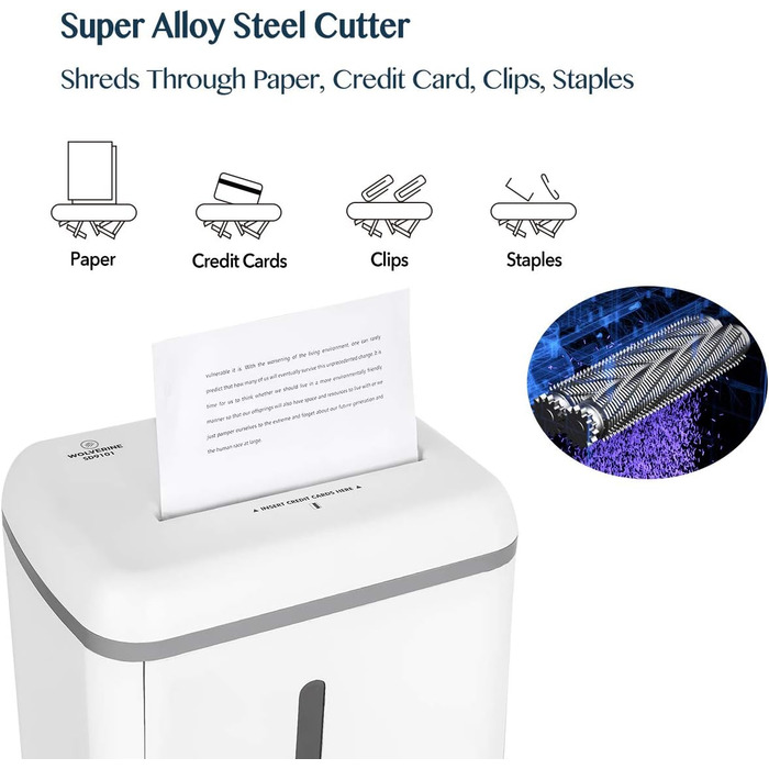 Шредер документів WOLVERINE P5, 8 листів, високої безпеки, для паперу та кредитних карток, тихий, 17л, білий SD9101