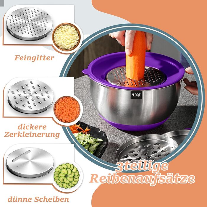 Набір мисок для приготування їжі з нержавіючої сталі (6 шт.) з кришками та силіконовим дном, набір терок, 6.6/3.8/2.4/1.9/1.4/0.6 л - кольорові