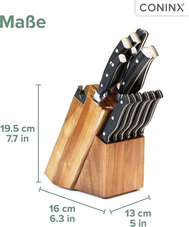 Блок для ножів Coninx Universal з інтегрірувачем – Тримач для ножів з акації на 15 слотів – Стійкий підставка для кухонних ножів, хлібного ножа, ножа для стейка та ножиць, коричневий з інтегрірувачем