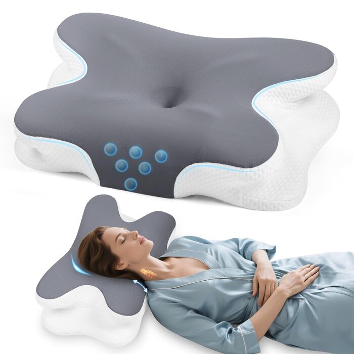 Ортопедична подушка для шиї з Memory Foam - для сну на боці, спині та животі. З покриттям з льонової тканини (темно-сірий)