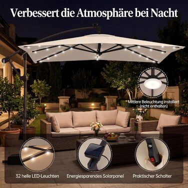 Садова парасолька COSTWAY 250x250 см з LED-підсвіткою, стійкою та рукояткою, квадратна сонцезахисна парасолька для тераси, басейну та двору, бежева