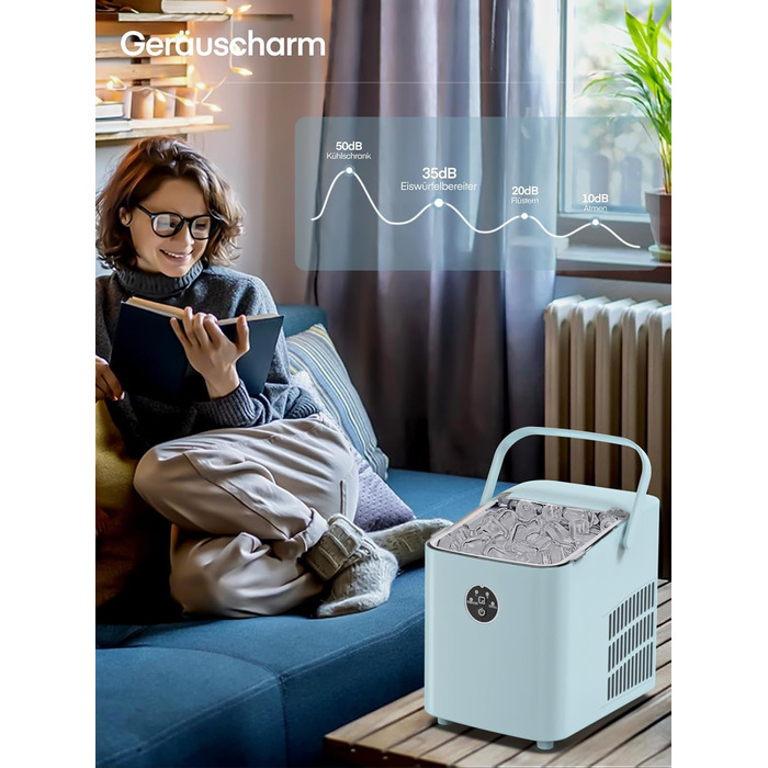 Льодогенератор FOHERE 14 кг/24 год, швидке виробництво льоду (5 хв), 2 розміри кулеподібного льоду, самоочищення, з ручкою, лопаткою та кошиком, для дому, офісу, вечірок (BabyBlue)