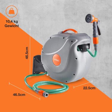 Шланговий барабан VonHaus 30м з автозмотуванням, поворотний на 180°, 8 функцій, пістолет для поливу