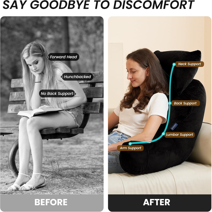 Підкова для читання з підголовником, м'яке спинне крісло з підлокітниками та кишенями для дорослих, зручне ліжко з піною з пам'яті для гуртожитку (Чорний, Преміум Великий)