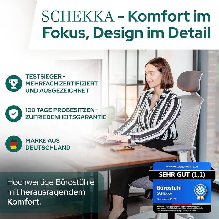 Ергономічне крісло Schekka® для офісу - переможець тестів. Індивідуальне регулювання, підтримка попереку, 3D підлокітники, дихаюча сітка. Макс. вага 150 кг, чорний колір, без підголівника.