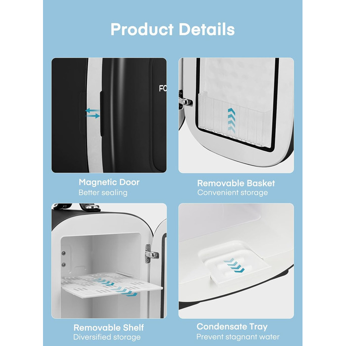 Міні холодильник FOHERE 5 літрів / 6 банок, USB живлення, 220V AC/12V DC, для напоїв та косметики, білий (чорний)