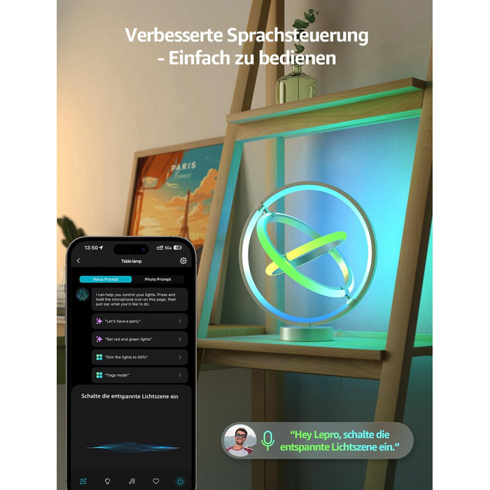 Lepro AI Розумна лампа TB2, Персоналізований світловий дизайнер на основі AI, Синхронізація з музикою/Керування через додаток, Настільна лампа з регулюванням яскравості, RGB+IC технологія, Сумісна з Alexa/Google, Без пульта керування, Ключ скрипки (Planet