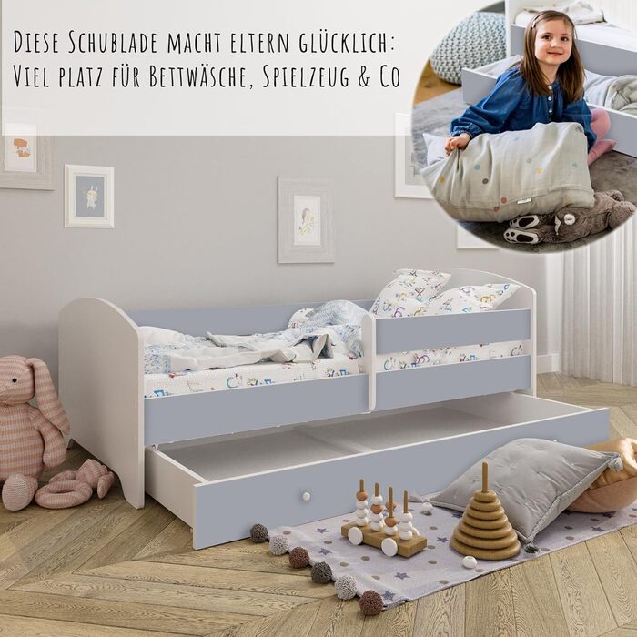 Дитяче дитяче ліжко Kids Collective 140x70 см з матрацом і ящиком, захистом від падіння та рейковим каркасом білий (80 x 160 см матрац, сірий)