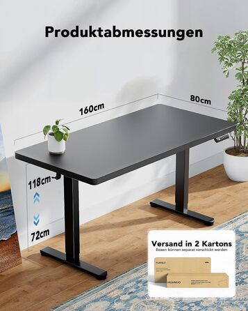 Регульований стіл HUANUO 160x80 см, електропривод, безщітковий мотор, ергономічний, для дому та офісу, чорний