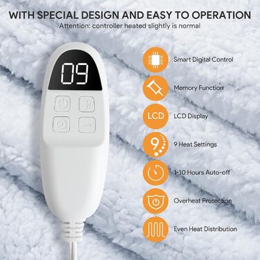 Електрична гріюча ковдра з автовимкненням, 9 режимів нагріву та таймером, захист від перегріву, 160x130 см, блакитна