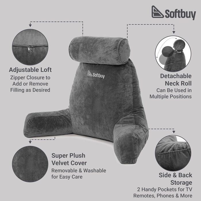 Велике читальне крісло-подушка Softbuy 78,7 см з підголовником, регульована XL-подушка для ліжка, м'яке крісло для дорослих з підлокітниками, ідеально для читання та відпочинку, велике X-Large