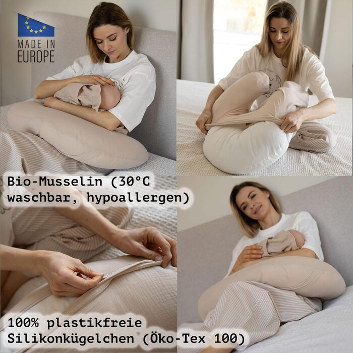 Подушка для годування та вагітності PaLulli XL (170x30 см), органічна бавовна муслін, бежева