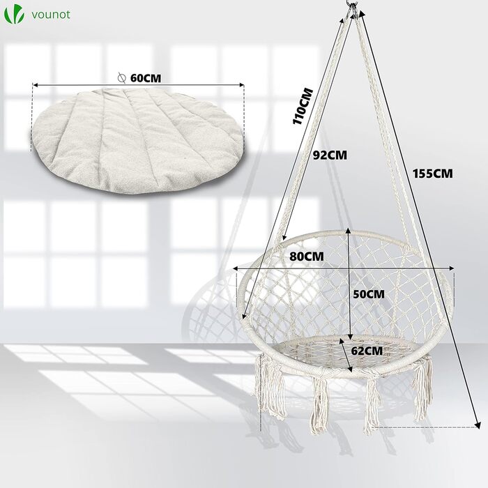 Підвісне крісло-гойдалка VOUNOT з полицею для книг та подушкою, для дому та саду, діаметр сидіння 80 см, X-Large, Бежевий