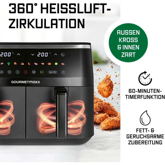 GOURMETmaxx Фрай-Ап Вертикальна Подвійна Камера Гарячого Повітря Фритюрниця | Вертикальний Airfryer | Складне Сенсорне Дисплей | 32% Економія Місця | Об'єм 10Л | Фритюрниця Гарячого Повітря 2 Камери (Чорний, 9 Літрів (2x 4,5Л))