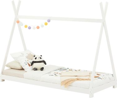 Ліжко-вігвам IDIMEX ELIN з масиву сосни 90 х 200, дитячий будиночок ліжко з дахом, сучасне індійське ігрове ліжко для дітей, лаковане (біле)