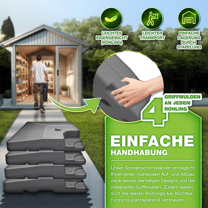 Сонцезахисний стійка Tillvex® на 90 літрів / 120 кг - 4 частини для парасольки, з металевим з'єднувачем. Можна заповнювати водою або піском. Стійка для парасольки Ampelschirmständer, вологостійка (Антрацит)