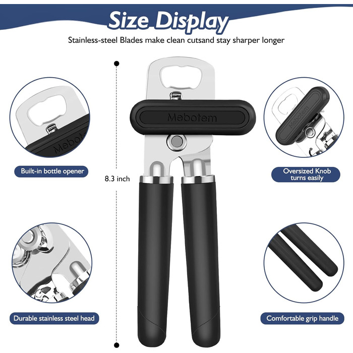 Відкривачка для консервів ручна, чорна, з відкривачем для пляшок, міцна, з гладкими краями та зручною ручкою