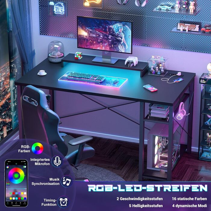 Ігровий стіл з LED підсвічуванням та розетками, стіл для комп'ютера з USB, стіл для ПК з підставкою для монітора, сучасний офісний/письмовий стіл для офісу та ігрової кімнати, чорний