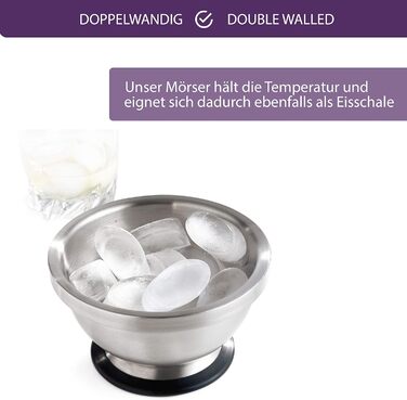 Мастрад - ступка та товкачок з нержавіючої сталі, стійкий до запахів, з антиковзним дном, придатний для миття в посудомийній машині