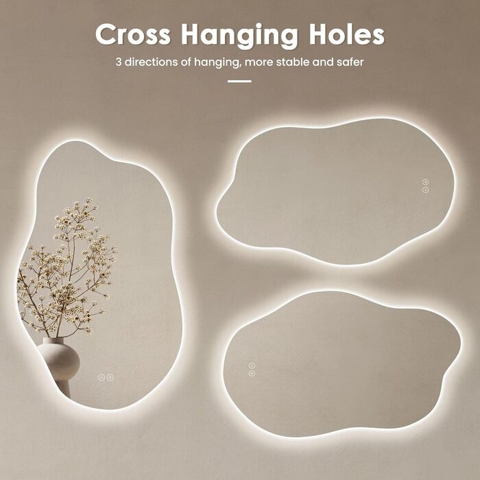 Дзеркало для ванної кімнати Dripex LED з підсвічуванням, сенсорне керування, регулювання яскравості, 3 кольори світла, без запотівання, асиметричне, 85x52 см