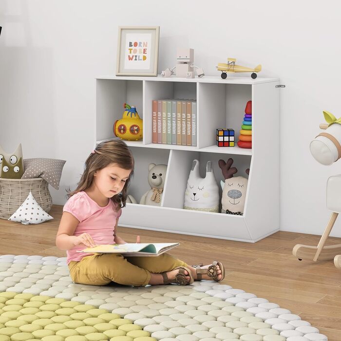 Дитяча книжкова шафа COSTWAY, дерев'яна дитяча полиця з відділеннями на 5 кубів і пристроєм проти нахилу, 2-ярусна шафа для зберігання іграшок для дитячої кімнати, ігрової кімнати та спальні (біла)