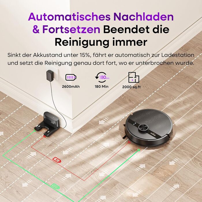 Робот-пилосос MONSGA з функцією миття, 5000Pa, час роботи 180 хв, система захисту від ковтунів, LiDAR навігація, для килимів та шерсті тварин, керування через додаток та пульт (чорний)