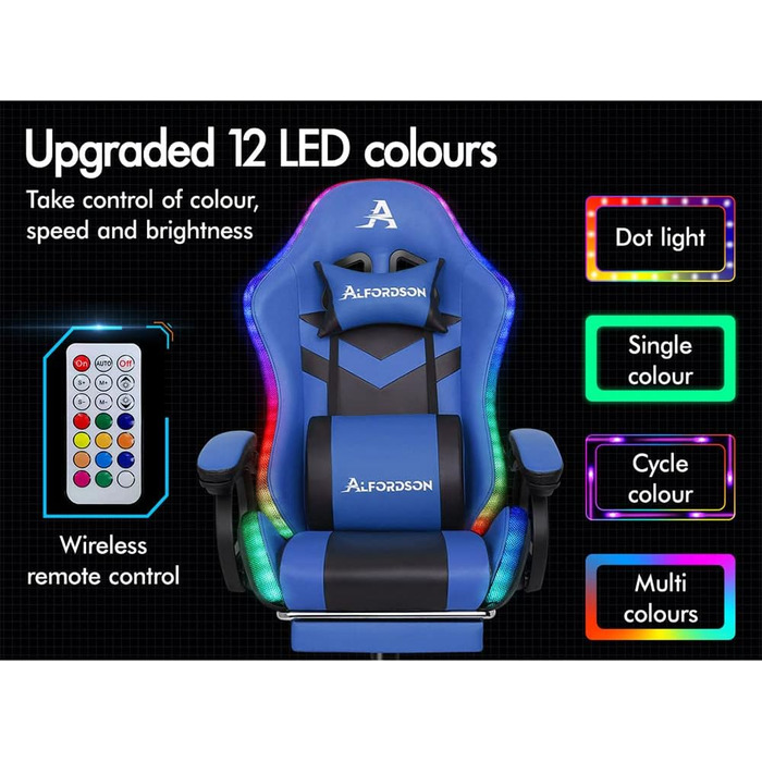 Ігрове крісло ALFORDSON з 8-точковим масажем, RGB LED підсвічуванням, ергономічне, підставки для ніг, підголівник, поперекова подушка (синій/чорний)