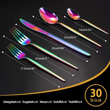 Набір столових приборів Regenbogen 30 предметів з нержавіючої сталі (6 осіб), кольоровий, для кухні/готелю/ресторану, преміум-якість, стійкий до миття в посудомийній машині