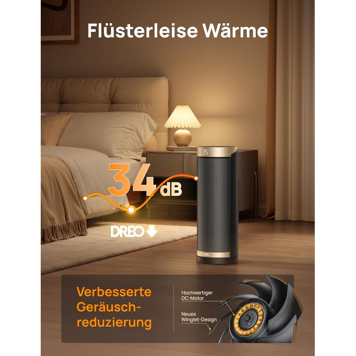 Електричний обігрівач Dreo Solaris Slim H3 з PTC-керамічним нагрівом, Wi-Fi, 3 режими, 3 швидкості, 12-годинний таймер, пульт дистанційного керування, захист від перегріву та перекидання