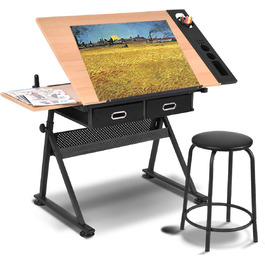 Дерев'яний дитячий стіл DREAMADE з регулюванням висоти та нахилу, з ящиками та табуретом - ідеальний для школи та офісу