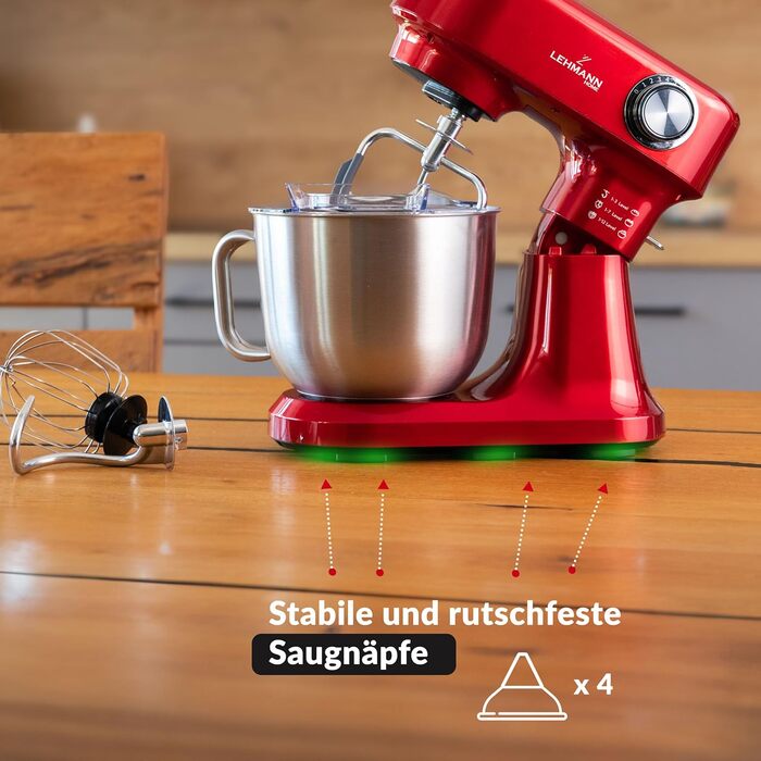 Кухонна машина Lehmann - планетарний міксер з набором аксесуарів - 3 насадки, кришка-розбризкувач, чаша 5л, 12 швидкостей, захист від перегріву, неслизька, червона