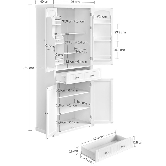 Шафа кухонна VASAGLE, висока, буфет-вітрина, з регульованими полицями, з ящиками, для кухні/вітальні, 40 x 76 x 182,1 см, білий BBC561W21