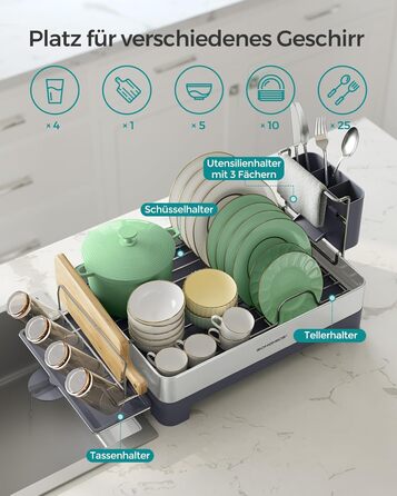 Стійка для сушіння посуду SONGMICS з нержавіючої сталі, з піддоном, для кухні, 31,7 x 57,2 см, срібно-сіра