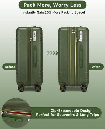 Набір валіз Sea Choice: 3 валізи з жорстким корпусом, розширювані, на 4 колесах, легкі, з TSA замком (зелений, ручна поклажа 20 дюймів)