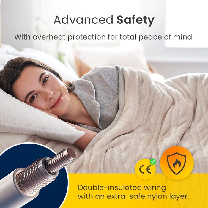 Електрична ковдра Cosi Home 180x130 см з регулюванням температури, таймером та захистом від перегріву. Зручна флісова ковдра з 10 рівнями нагріву та дистанційним керуванням. Колір: кремовий.