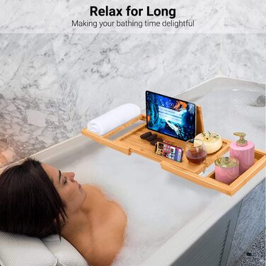 Підставка для ванни ADOV з бамбука, розширювана, з місцем для телефону, книги, напоїв та свічки. Підходить для більшості ванн