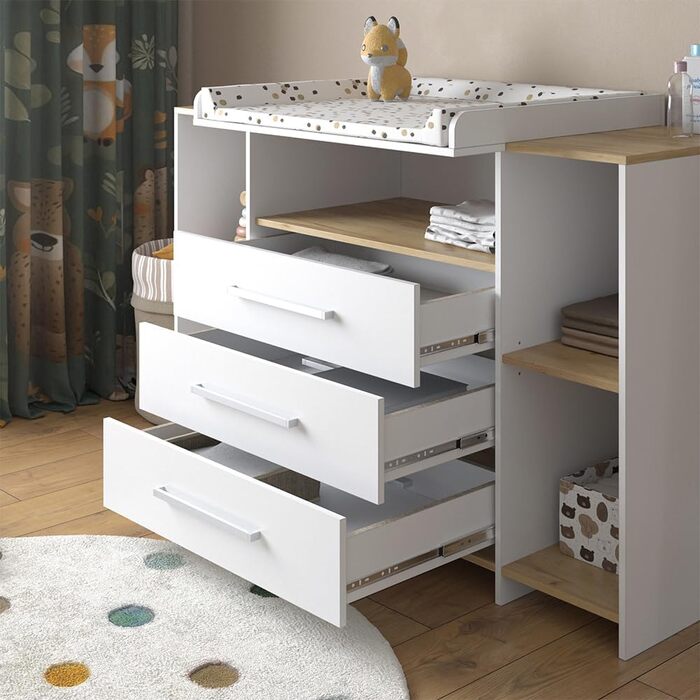 Комод-ліжечко Vicco Oskar з пеленальним столиком, сірий, 143 x 100 см XL з ящиками, білий/сірий (білий/золотий дуб)