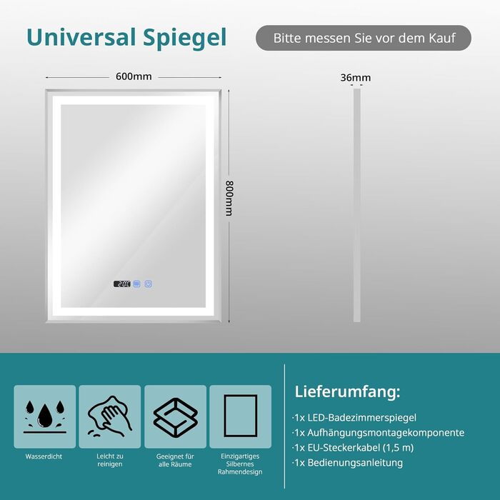 Дзеркало для ванної кімнати YOURLITE з підсвічуванням, 85x55 см, LED, сенсорне керування, 3 кольори світла, регулювання яскравості, антизапар, горизонтальне/вертикальне, IP44, білий (срібний, 80x60 см)