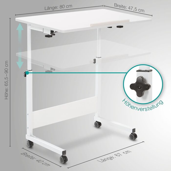 Мобільний столик для ноутбука, Письмовий стіл, Комп'ютерний стіл, Стіл для догляду, Регулюється по висоті за допомогою коліщаток, Стільниця, Нахилений, Багатофункціональний Бічний столик для ліжка, Диван, Диван, Підставка для ноутбука (Білий)