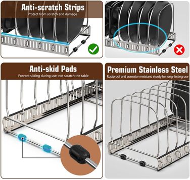 Тримач для сковорідок Housolution, органайзер для розширюваного дека з 14 регульованими роздільниками, срібло