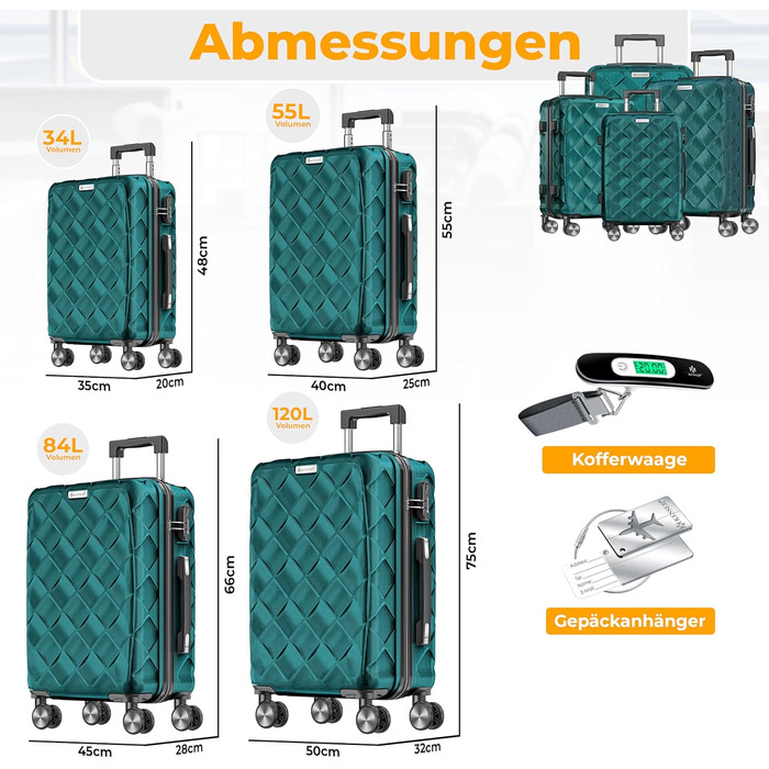 Набір валіз KESSER з 4 предметів, жорсткий корпус ABS, кодовий замок, ваги для багажу та дорожня сумка, колеса 360°, колір Petrol
