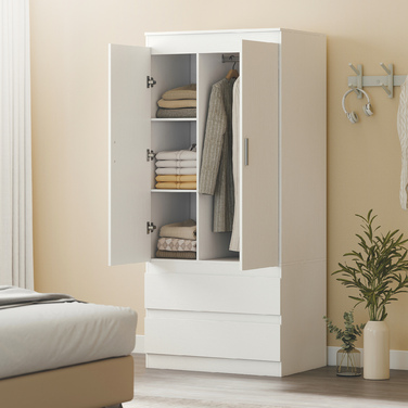 Шафа для спальні з 2 дверцятами, 2 висувними ящиками та 3 полицями, виготовлена з дерева, білого кольору