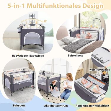 Дитяче ліжко-манеж DREAMADE 5 в 1 з матрацом, з колесами та пеленальним столиком, з музичною іграшкою, 110x76 см, для новонароджених, з сумкою для перенесення (зелений, кольоровий)