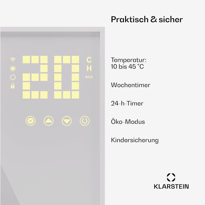 Інфрачервоний обігрівач Klarstein з терморегулятором, електричний обігрівач потужністю 320 Вт, інфрачервоний обігрівач для настінного монтажу для розумного будинку, ІЧ-підсвічування з управлінням додатком і виявленням відкритих вікон, вологозахищений раді