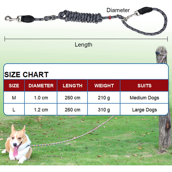 Повідець для собак 2,6 м Регульований повідець через плече, світловідбиваючий багатофункціональний нейлоновий подвійний Повідець з 2 рухомими металевими кільцями, що ідеально підходить для прогулянок, бігу і тренувань (чорний і сірий, L - 1,2 x 260 см) L 