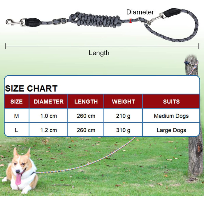 Повідець для собак 2,6 м Регульований повідець через плече, світловідбиваючий багатофункціональний нейлоновий подвійний Повідець з 2 рухомими металевими кільцями, ідеально підходить для прогулянок, бігу і тренувань (червоний і сірий, L - 1,2 x 260 см) L -