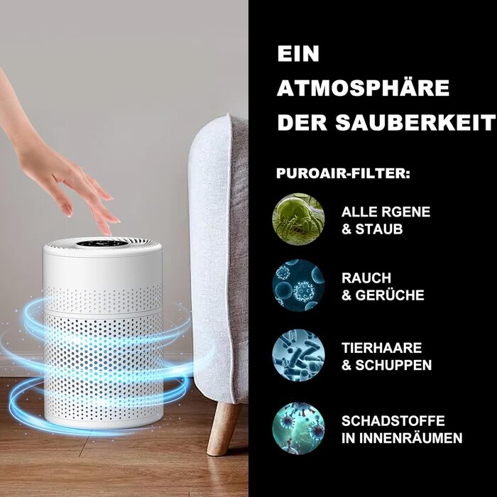 Повітряочисник для спальні KJ1-6 з HEPA H13 фільтром, активованою системою вугільного фільтра, функцією ароматерапії, 360° циркуляцією повітря, нічним світлом та тихим режимом