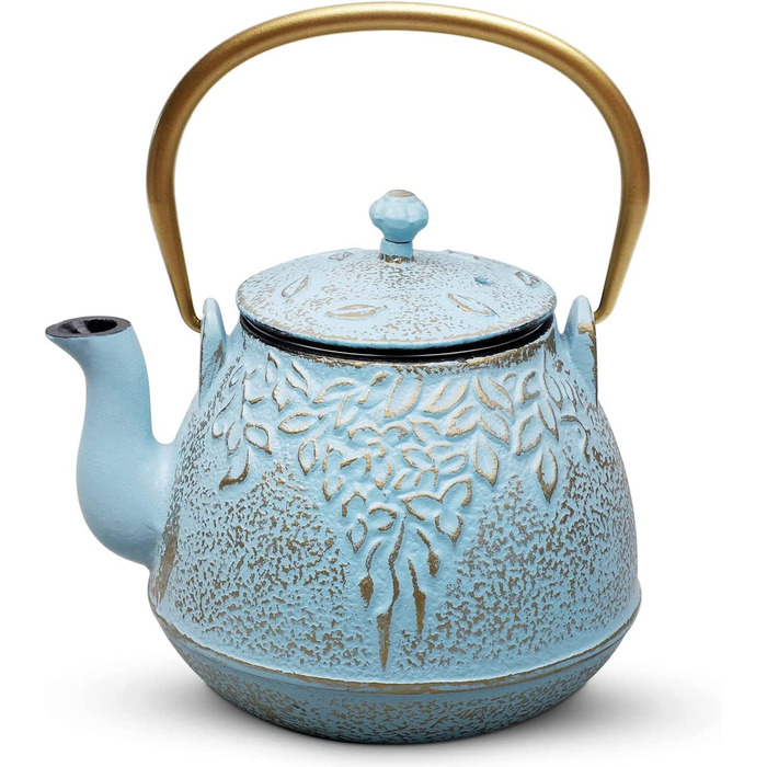 Чайник Toptier, чавунний чайник з заваркою з нержавіючої сталі, міцний чавунний чайник, Чайник з листовим дизайном, безпечний для плити, покритий повністю емальованою внутрішньою поверхнею (32 Унції / 950 мл)чорного (синього) кольору