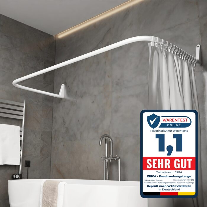 Штанга для душу Еріка L-подібної та U-подібної форми - 4-в-1 для ванни та душу - кутова штанга для душу - сталь з порошковим покриттям - без кріплень до стелі - білий колір