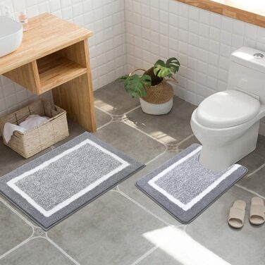 М'який килимок для ванної кімнати Pauwer, комплект з 3 частин: килимок 50x80 см, килимок для туалету 50x60 см, рушник для ванної кімнати, мікрофібра, швидковисихаючий, антиковзаючий, для прання, сірий
